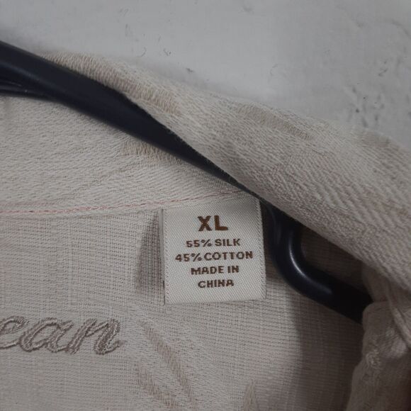 Caribbean Adult Mens XL Beige Silk Cotton Short Sleeve Floral Hawaiin Shirt - Picture 5 of 8